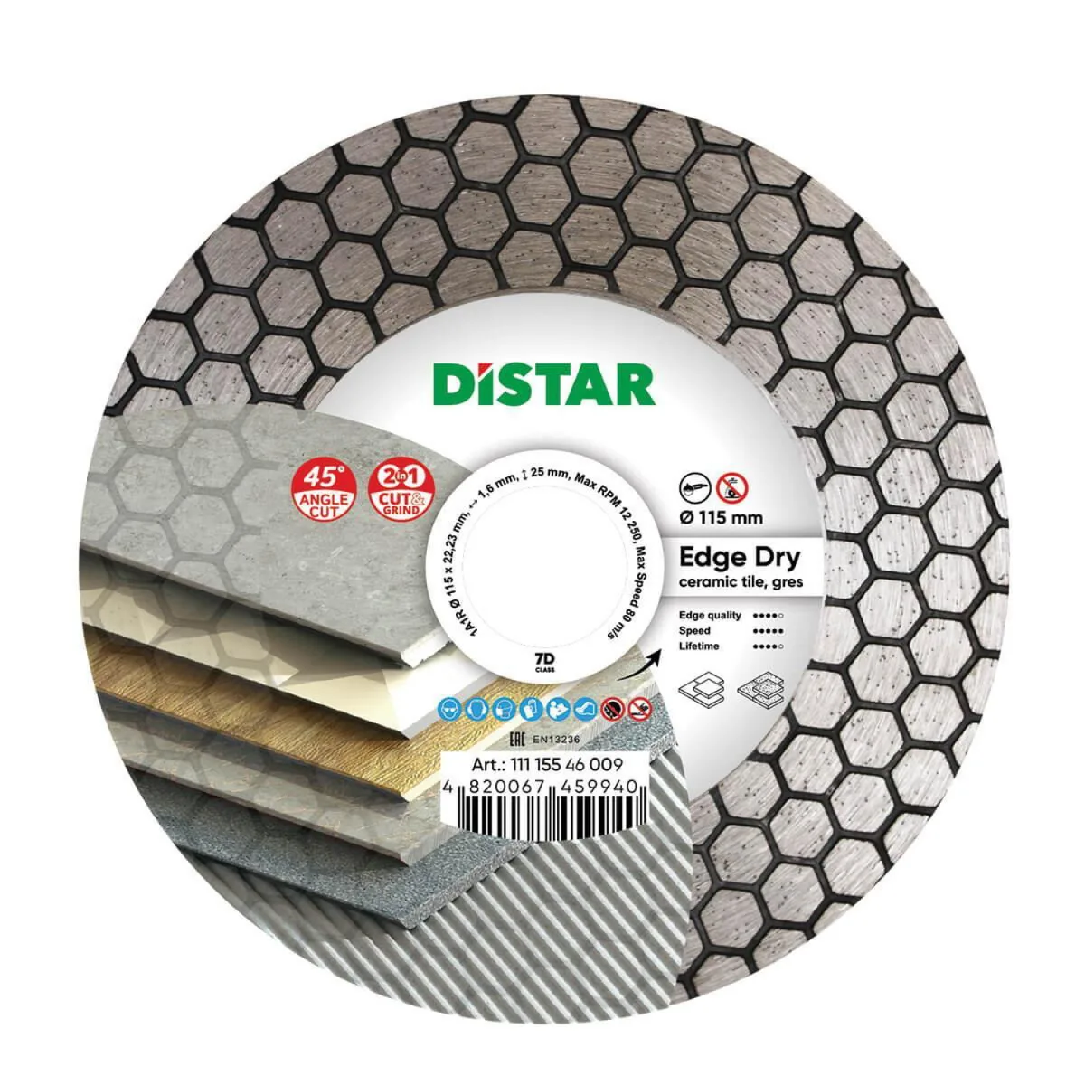 Круг алмазний відрізний 1A1R Edge Dry Ø115 22 сухий різ, 23 мм, Distar
