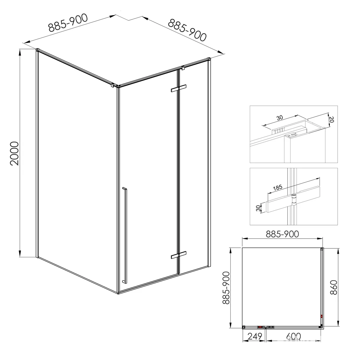 Sota 90 C душова кабіна реверсивна розпашна профіль скло прозоре, 90×90×200 см, Хром, Volle