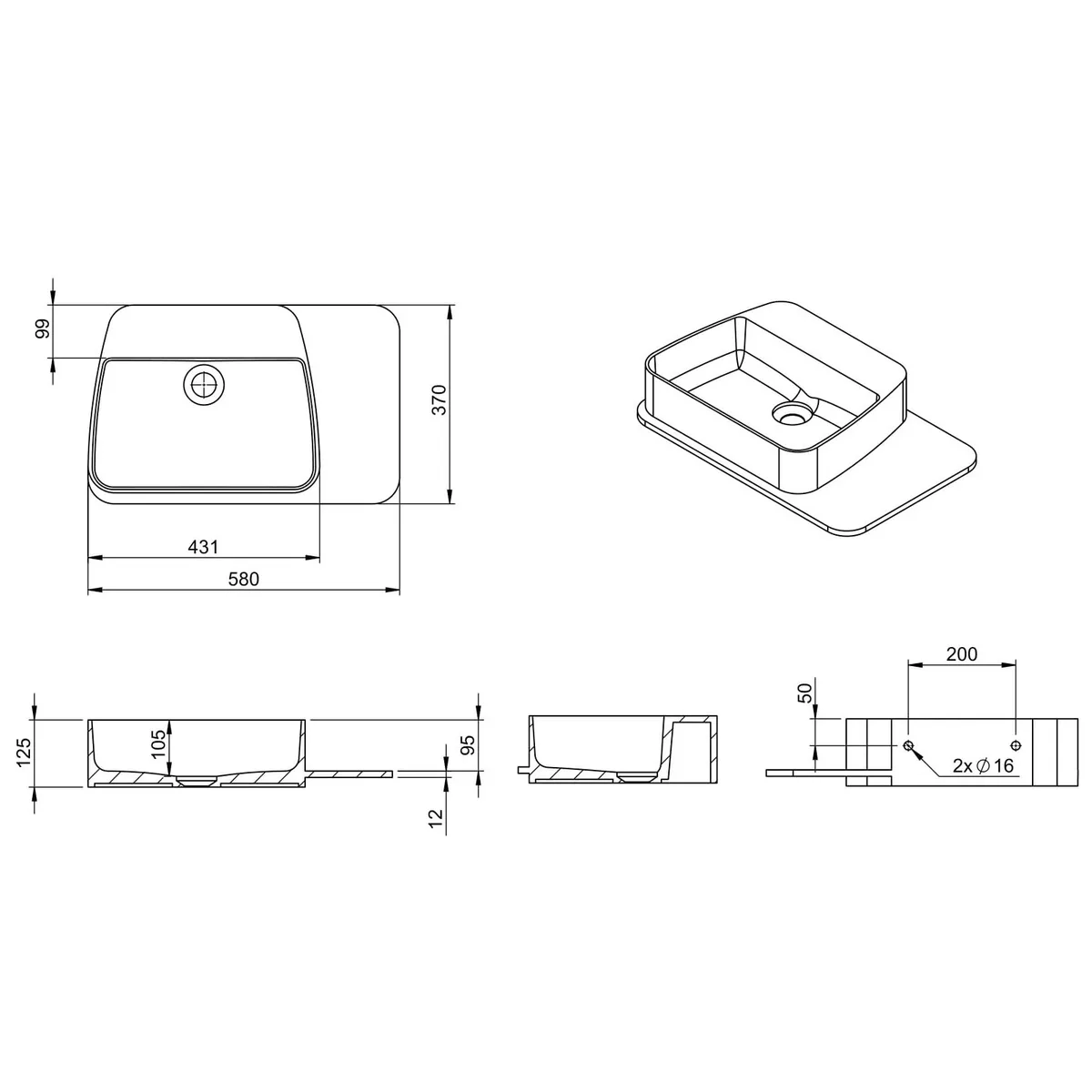 Умивальник підвісний з поличкою кам'яний Solid surface, 58×37×12,5 см, Volle