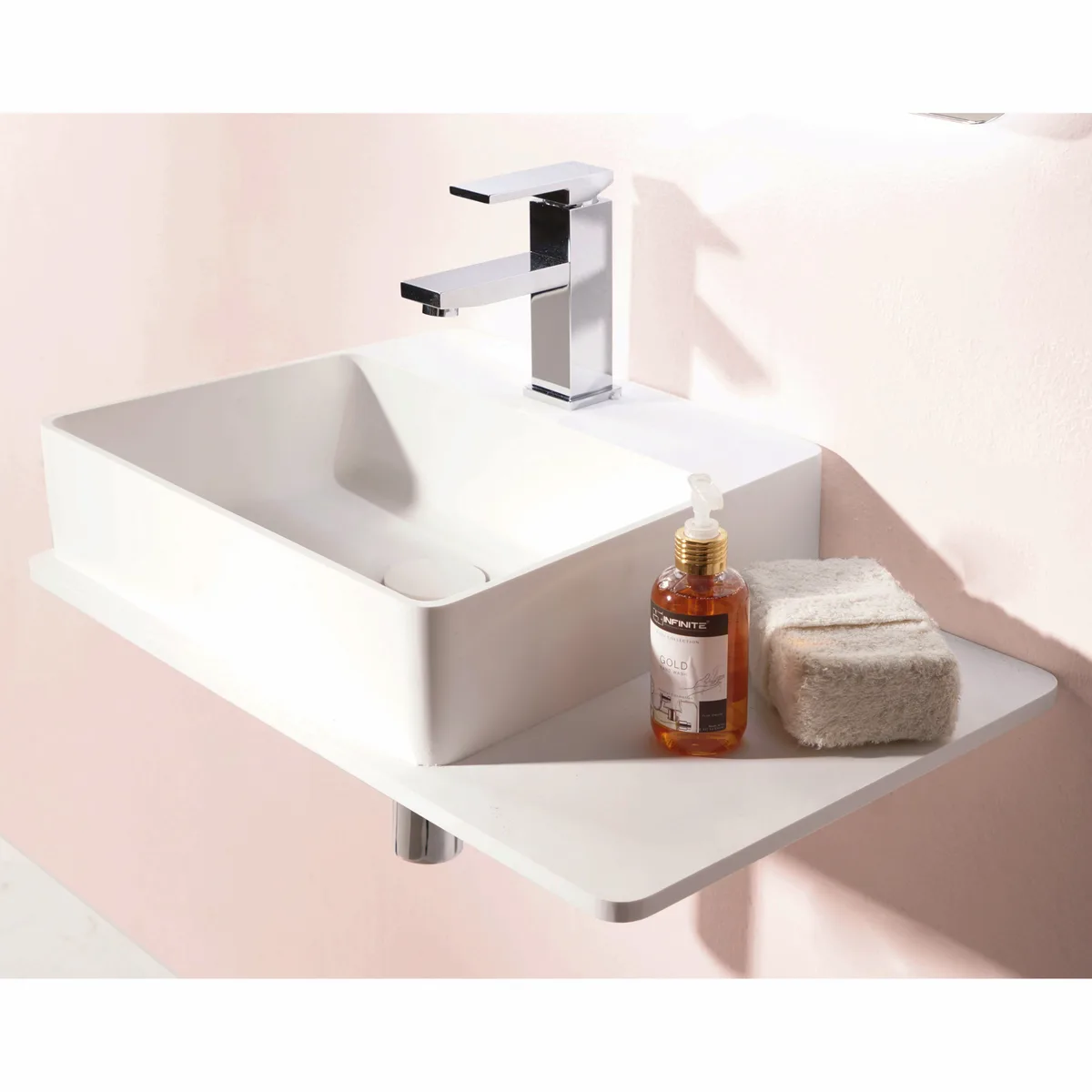 Умивальник підвісний з поличкою кам'яний Solid surface, 58×37×12,5 см, Volle