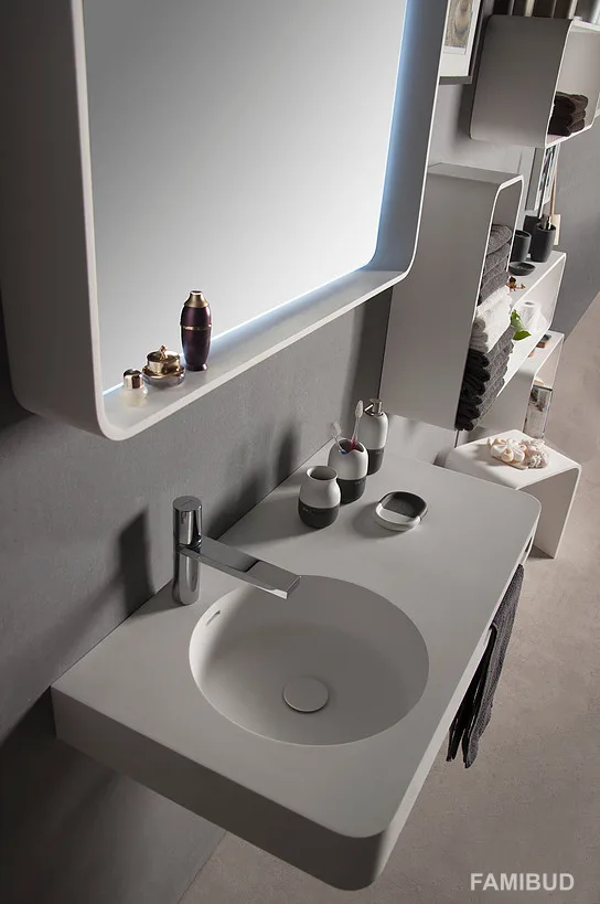 Умивальник-стільниця підвісний кам'яний з рушникотримачем Solid surface, 75×48×14 см, Volle