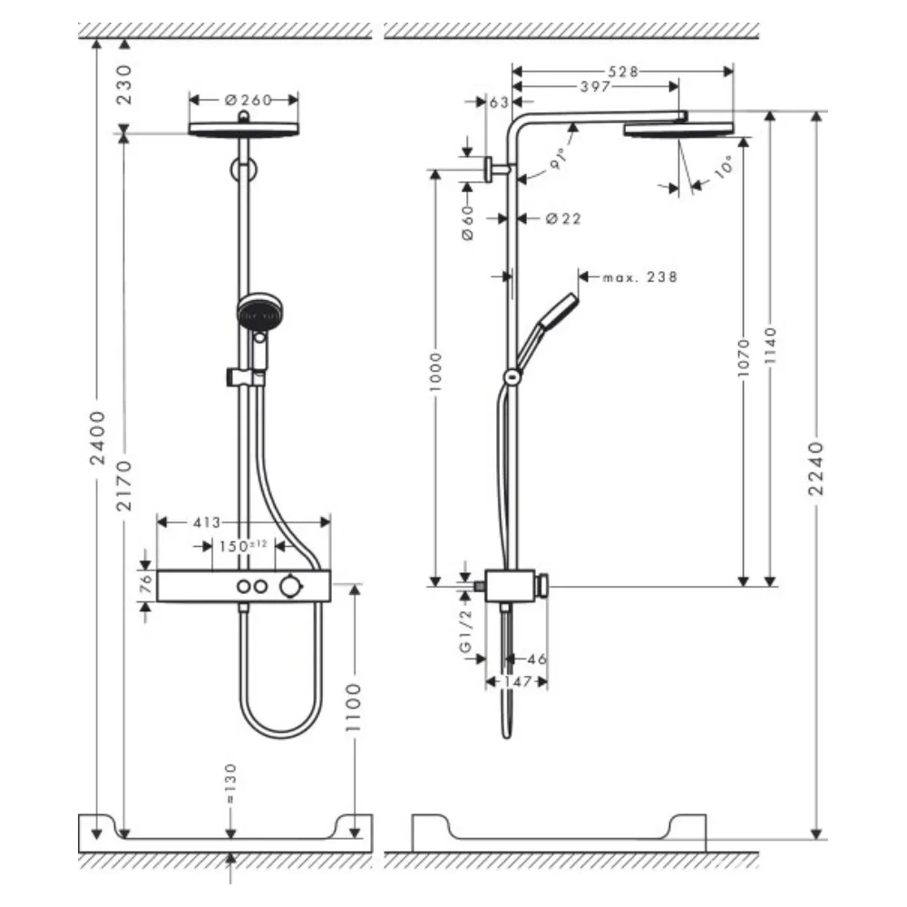 Pulsify Showerpipe душова система 260 з термостатом, Чорний матовий 24220670, Hansgrohe