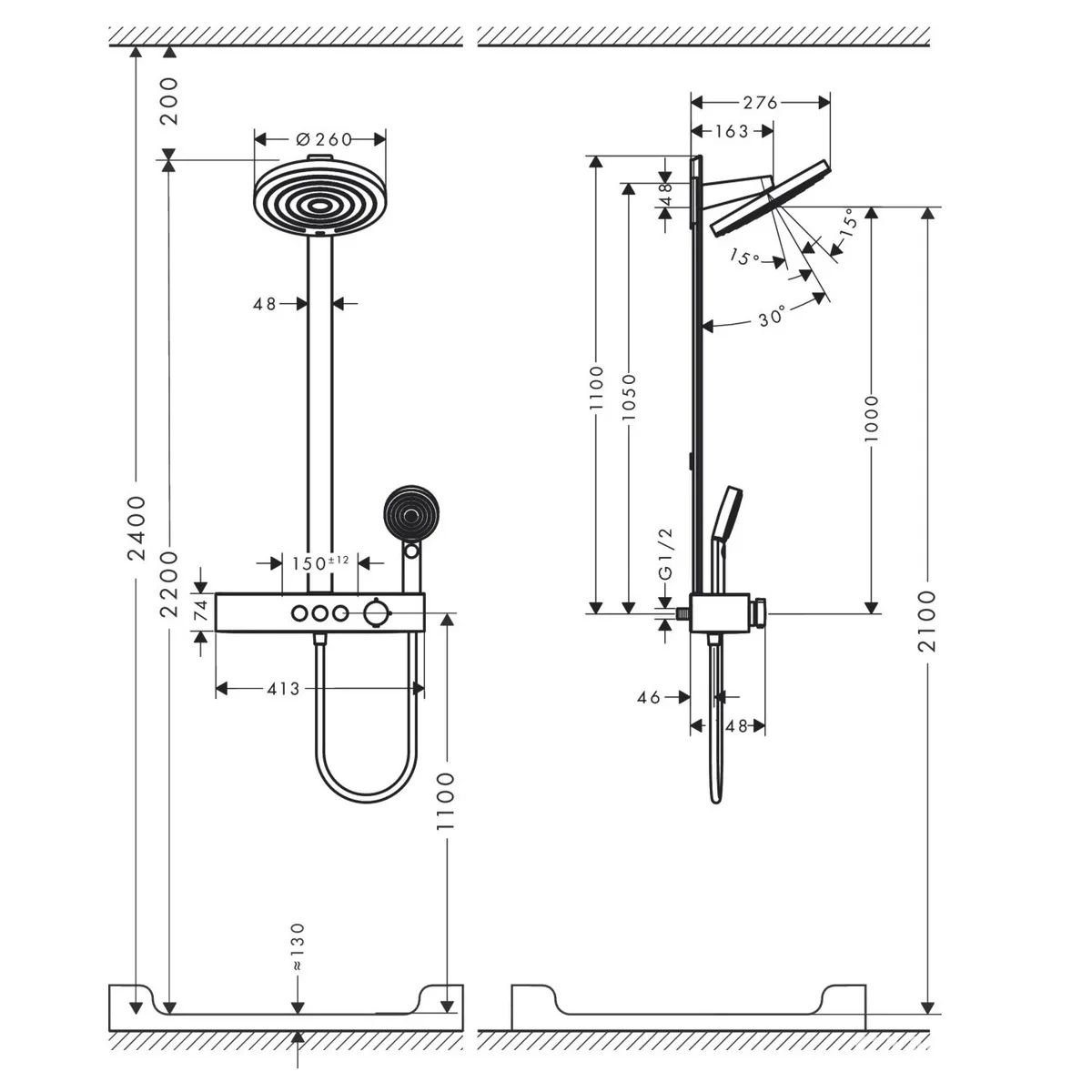 Pulsify Showerpipe душова система 260 з термостатом, Чорний матовий 24240670, Hansgrohe