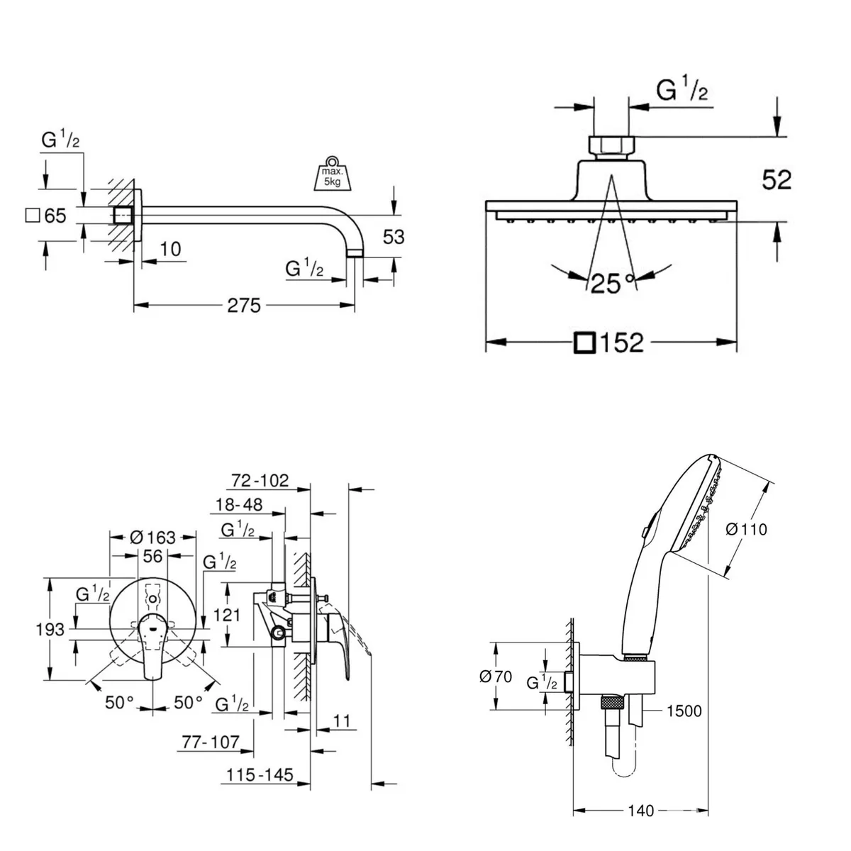 Eurosmart набір для душу 33305003+27488000+27705000+26406003, Хром, Grohe