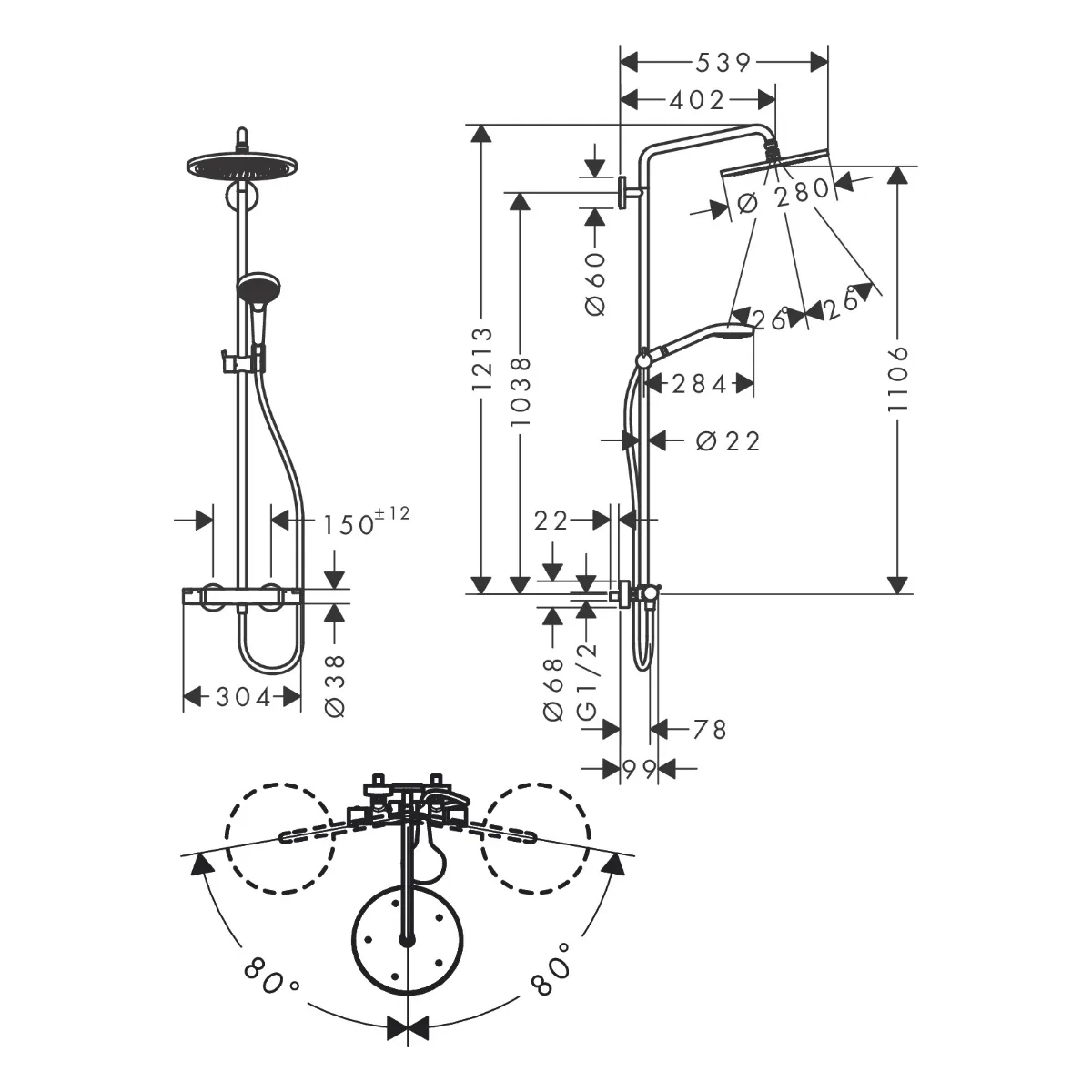 Croma Select S душова система Showerpipe 280 1jet з термостатом з ручним душем Raindance Select S 120 3jet, Поліроване золото, Hansgrohe