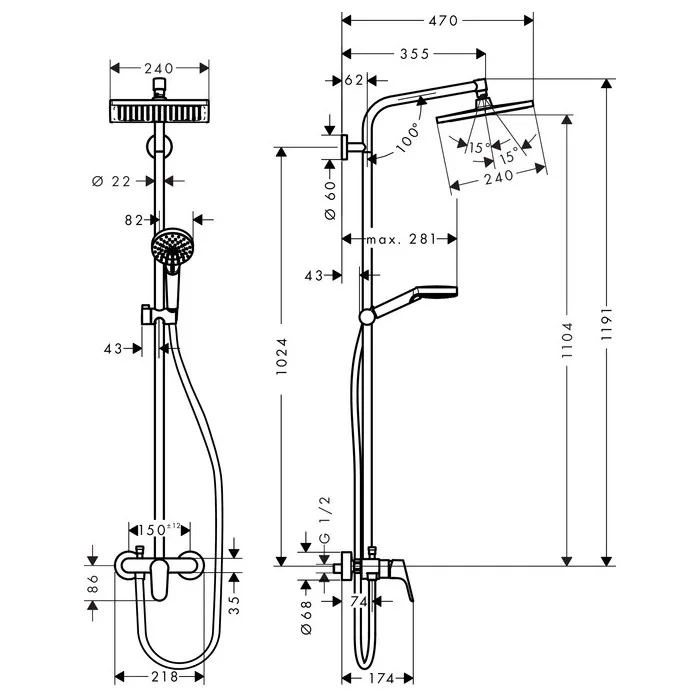 Crometta E 240 1jet Showerpipe Душова система з одноважільнийним змішувачем, Хром, Hansgrohe