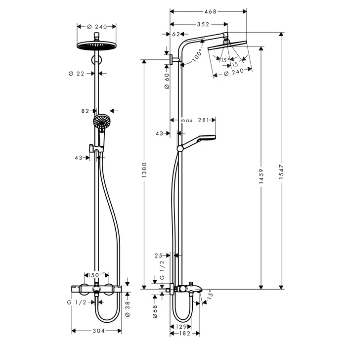 Crometta S 240 Showerpipe душова система з термостатом для ванни, Хром, Hansgrohe
