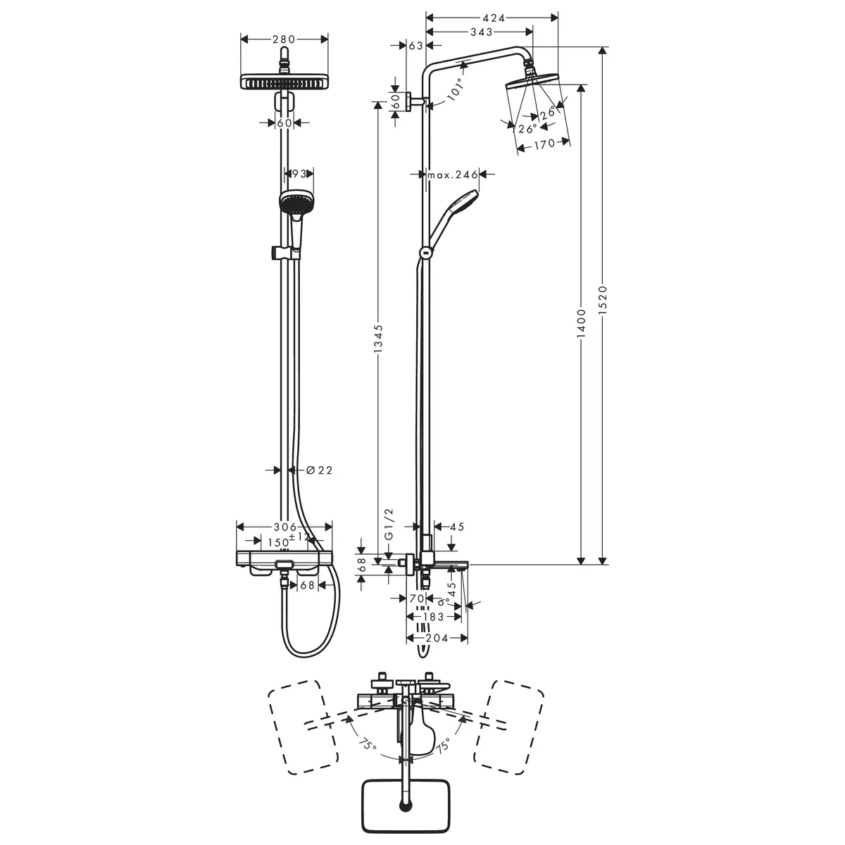 Croma E Showerpipe Душова система 280 1jet з термостатом для ванни, Хром, Hansgrohe