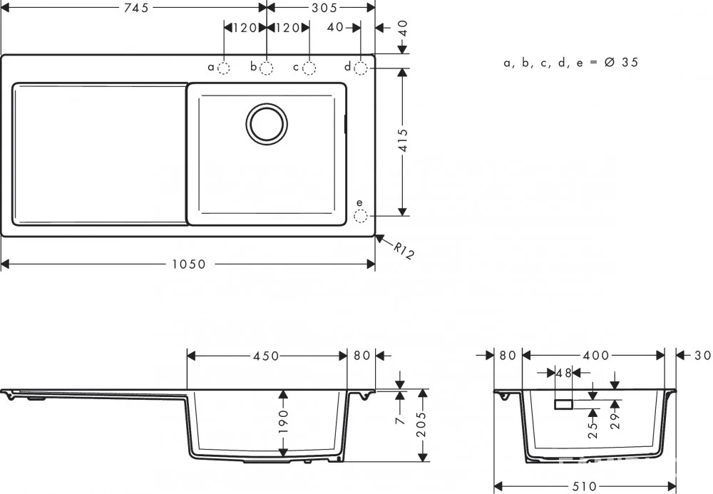 S514-F450 Мийка для кухні вбуд 450 з крилом графіт, Чорний, Hansgrohe