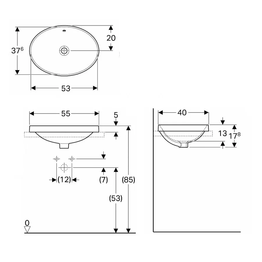 Variform умивальник в стільницю овальний без отвору з переливом, 55×40 см, Geberit