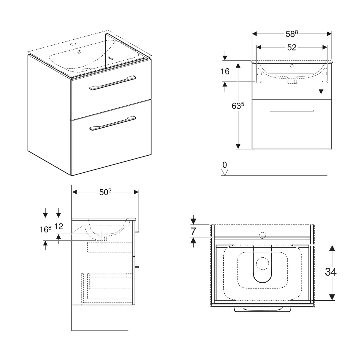 Selnova Square шафка для умивальника slim rim 60 см з двома шухлядами, 58,8×63,5×50,2 см, Білий, Geberit