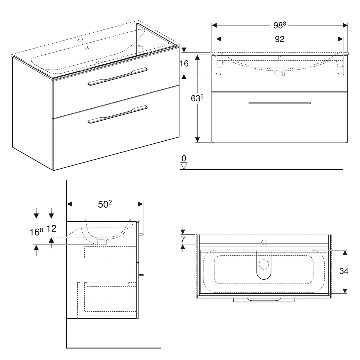 Selnova Square тумба під умивальник slim rim 100 см з двома ящиками, 98.8×63.5×50.2 см, Білий, Geberit
