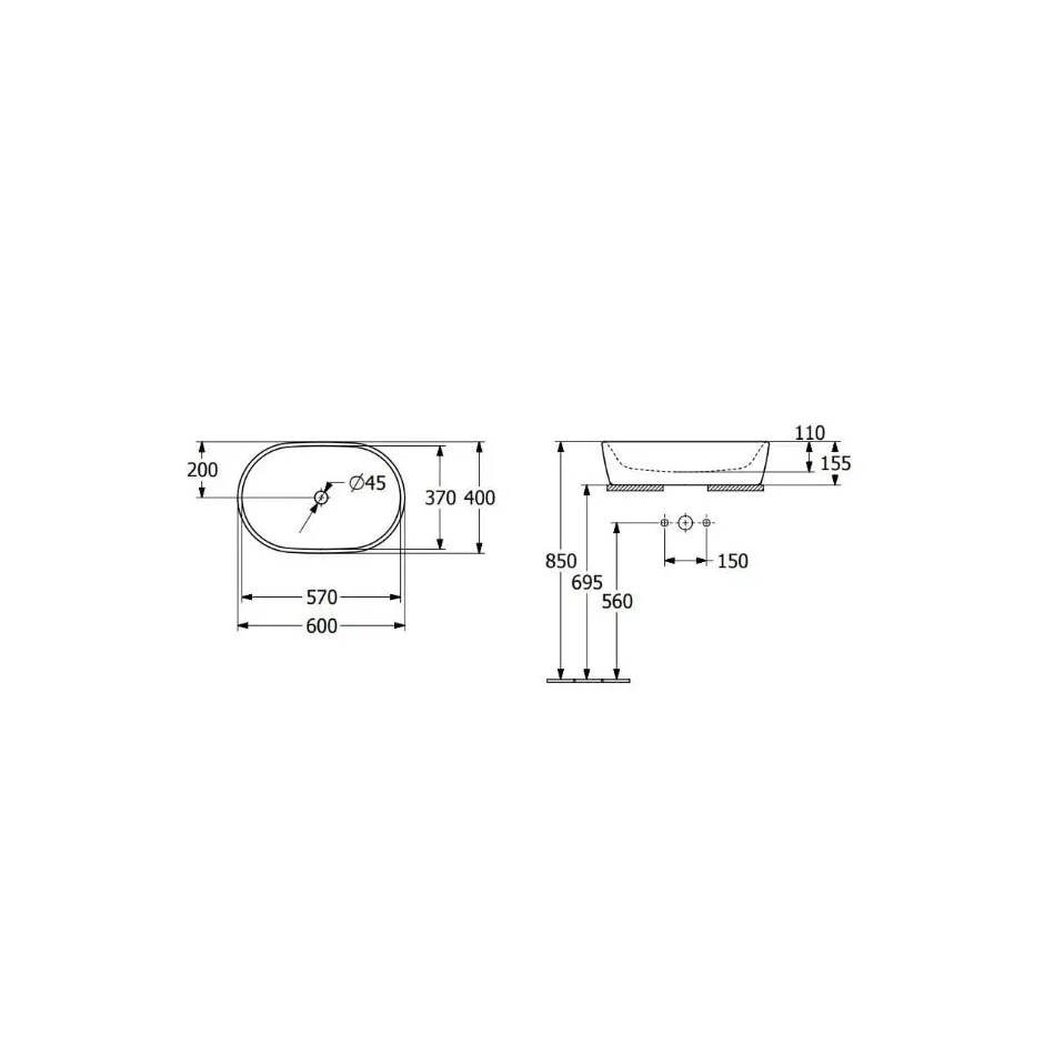 Architectura умивальник для установки на стольницю з переливом без отв, 60×40 см, Villeroy & Boch