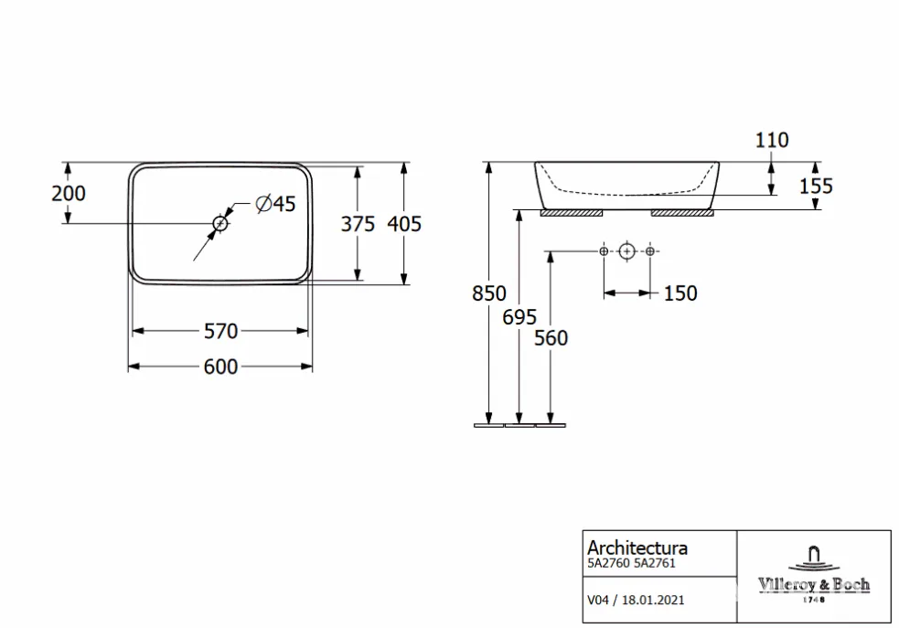 Architectura умивальник з переливом без отв, 60×40,5 см, Villeroy & Boch