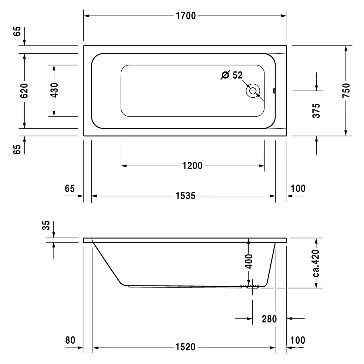 D-Code ванна прямокутна, 170×75 см, Duravit