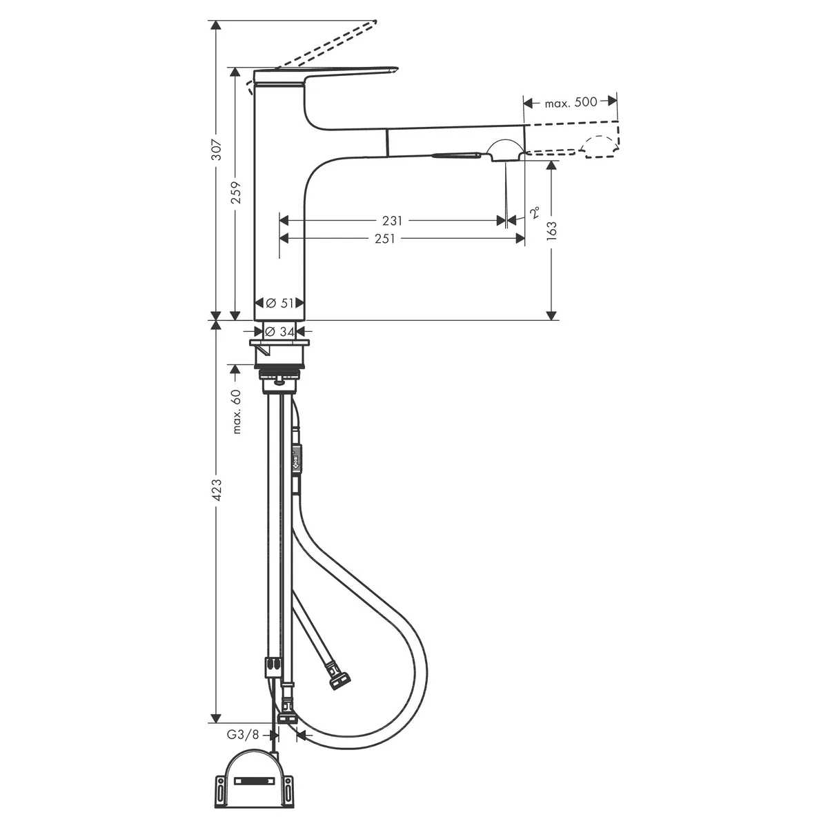 Zesis M33 змішувач для кухні 160 2jet з висувним Sbox lite, Hansgrohe