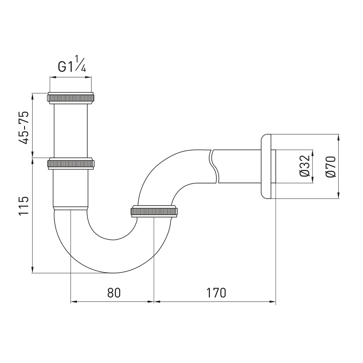 Сифон для умивальника трубний 1 1/4" патрубок cromo, Ø32 мм, Volle