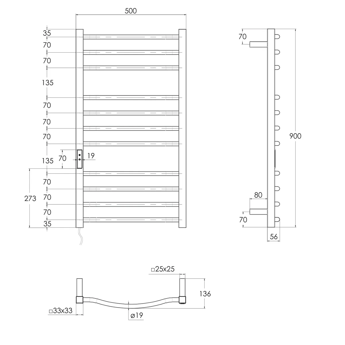 I-Heat рушникосушка електро 120W Aisi 304 11п 4-4-3 стійки квадрат таймер терморегулятор лівий