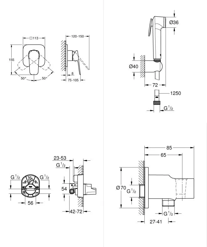 Cubeo Набір гігієнічний 101775243+286282431+1025302431, Чорний матовий, Grohe