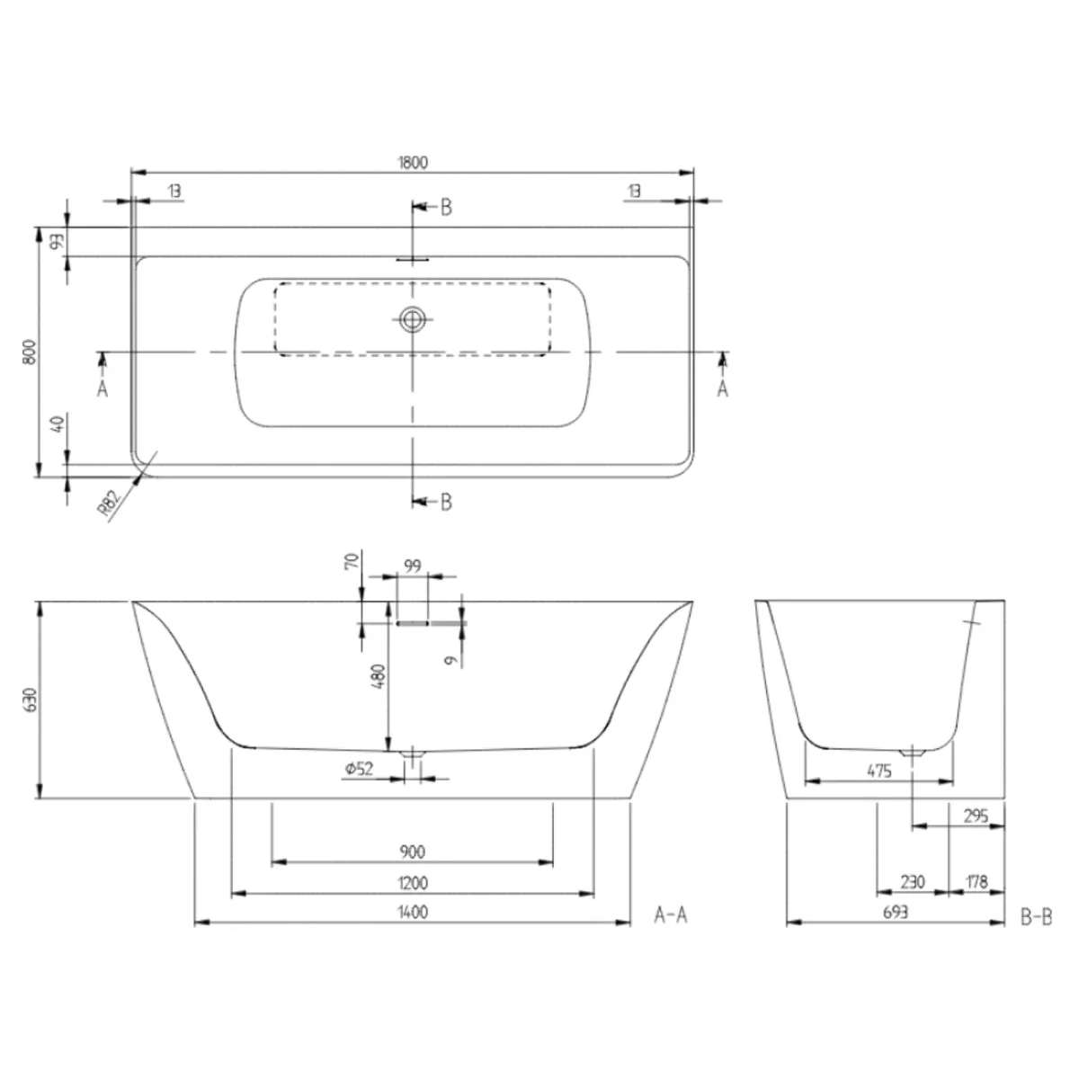 Subway 3.0 ванна кварилова пристінна з панеллю зі зливом-переливом, 180×80 см, Villeroy & Boch