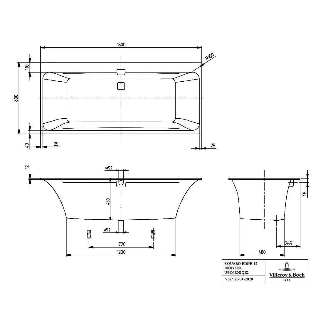 Squro Edge 12 ванна з ніжками та зливом-переливом white alpin, 180×80 см, Villeroy & Boch