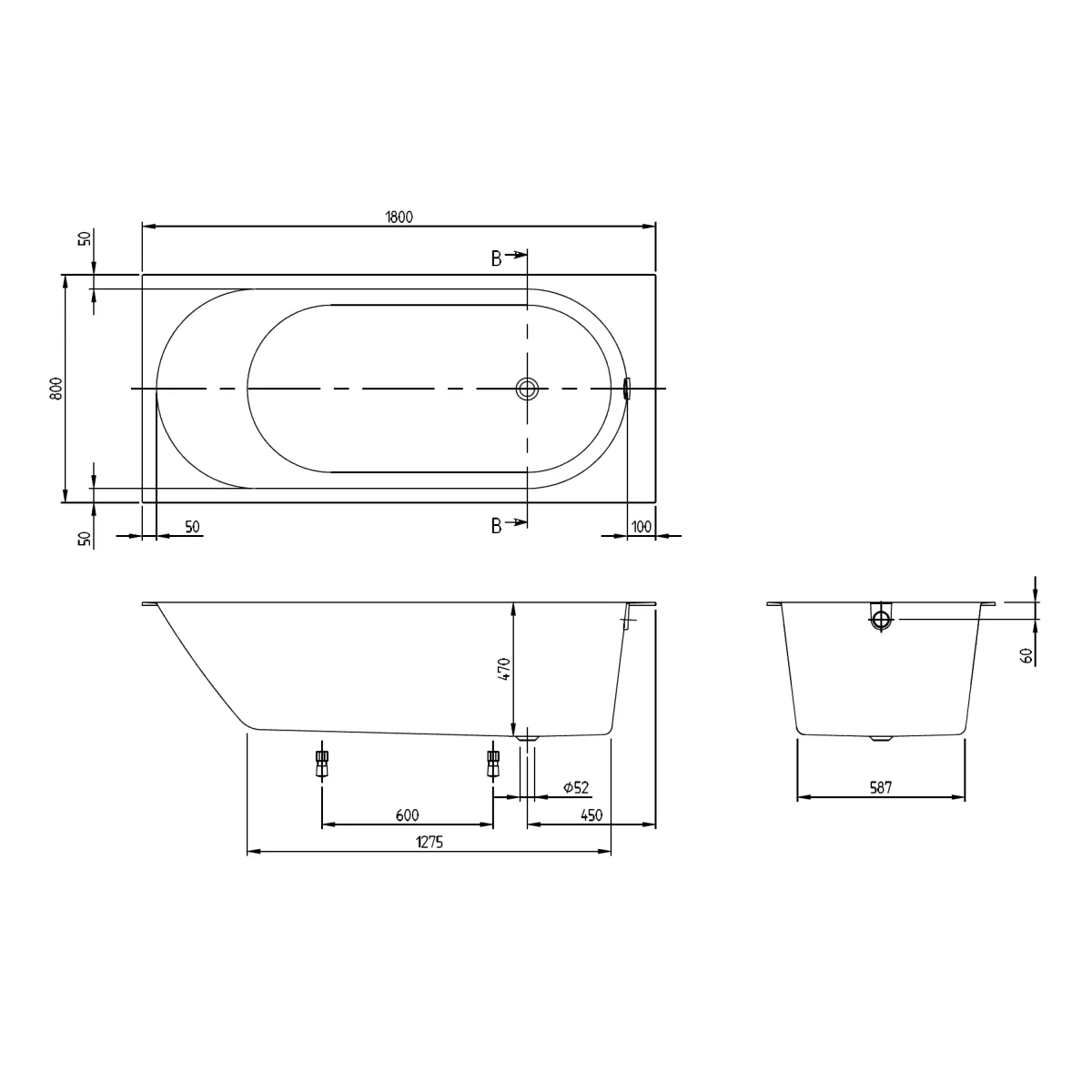 Oberon 2.0 Solo ванна кварилова з ніжками та зі зливом-переливом, 180×80 см, Villeroy & Boch
