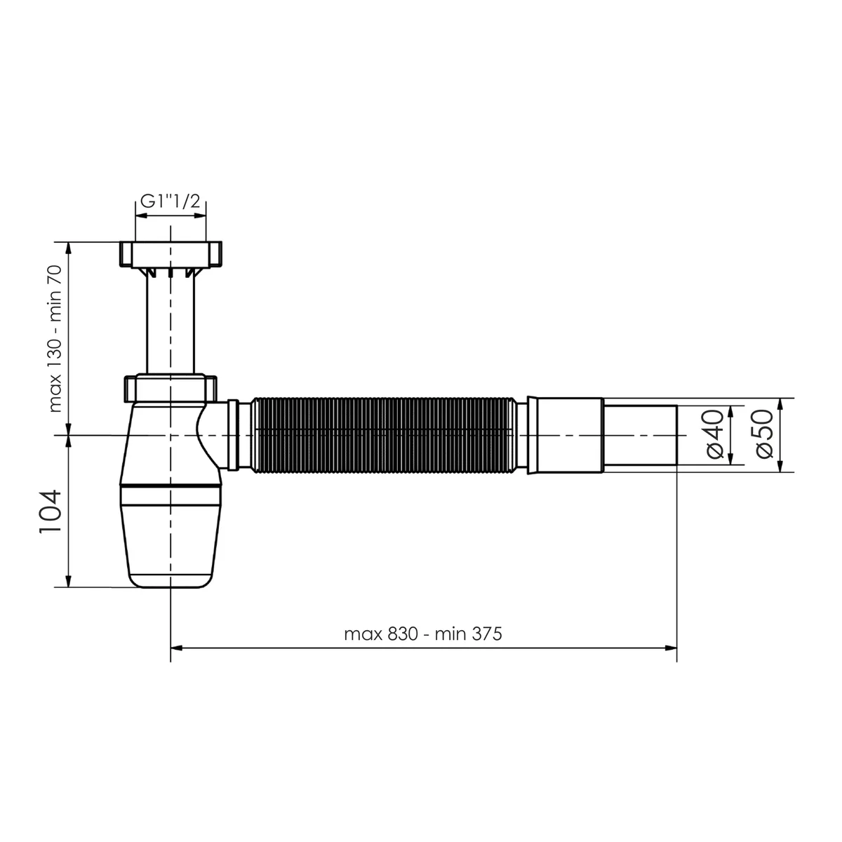 Сифон до умивальника з накидною гайкою 1 1/2" з гофрою d40/50 з розеткою, Imprese