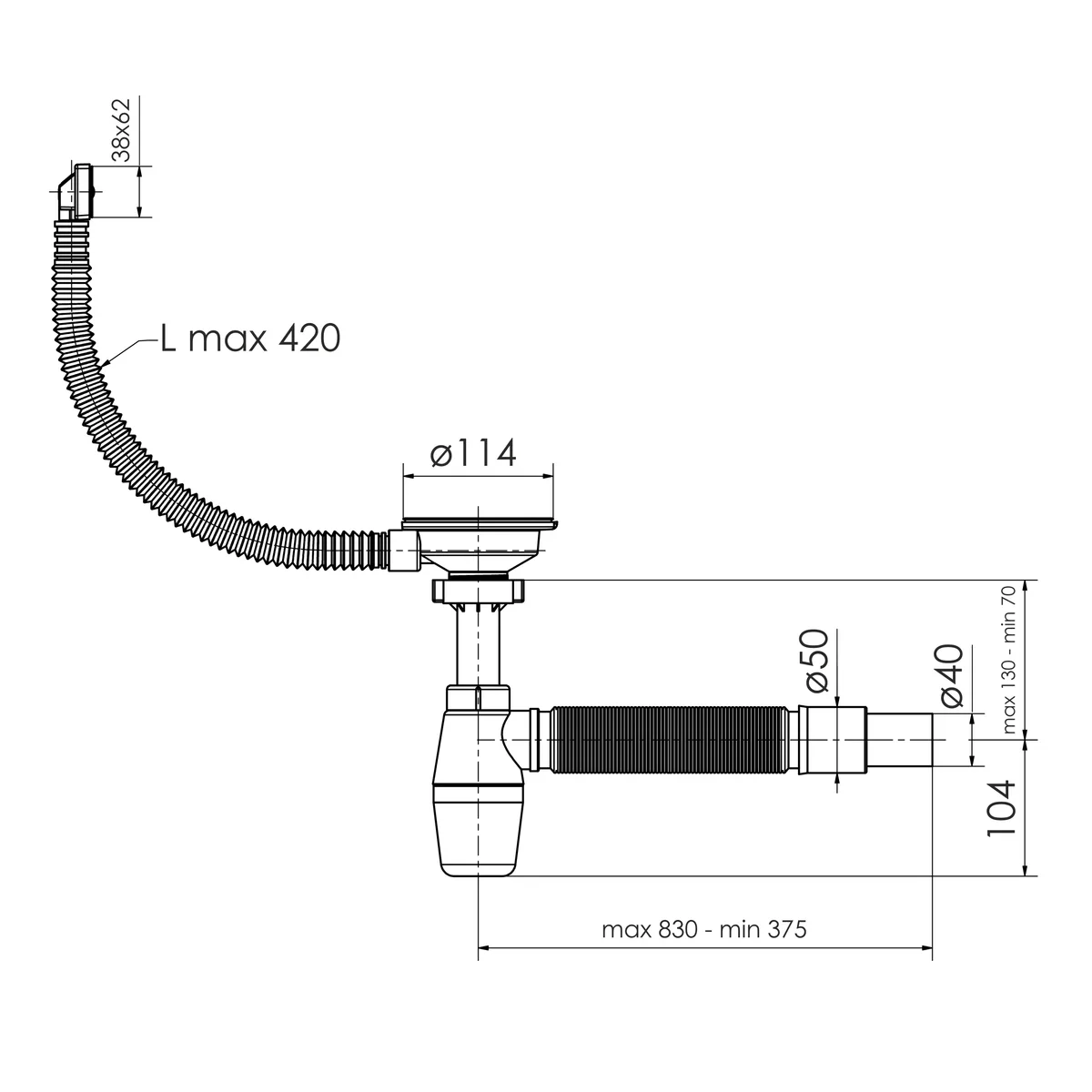 Сифон до одинарної кухонної мийки 1 1/2" зі спаяною гофрою d40/50 випуск d114 гвинт перелив прямокутний з решіткою, Imprese