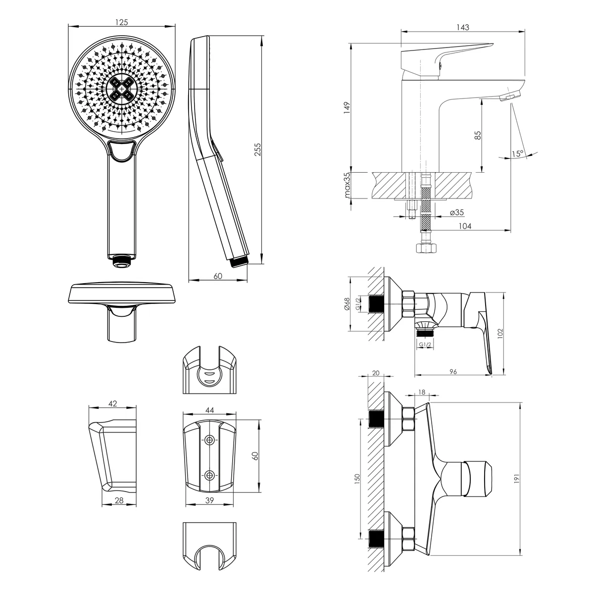 Kit 20081 набір змішувачів 3 в 1 змішувач для умивальника змішувач для душу душовий гарнітур із тримачем, Imprese