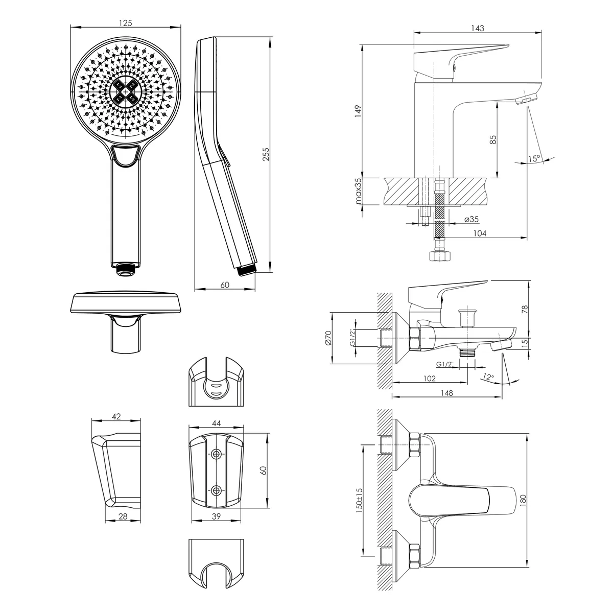 Kit 20082 набір змішувачів 3 в 1 змішувач для умивальника змішувач для ванни душовий гарнітур із тримачем, Imprese