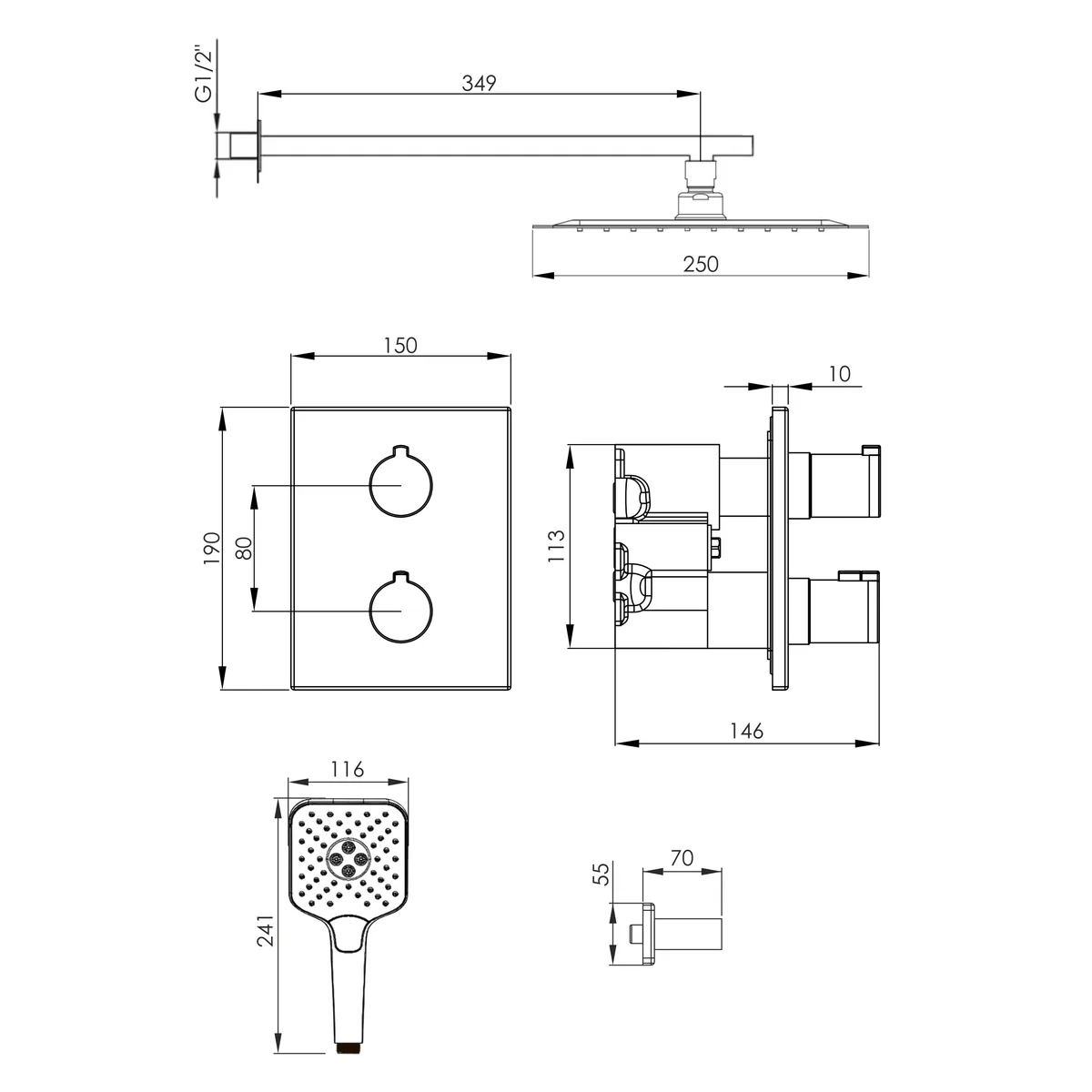 Judit система душова термостат 2 функції душ ABS лійка 3 режими шланг PVC