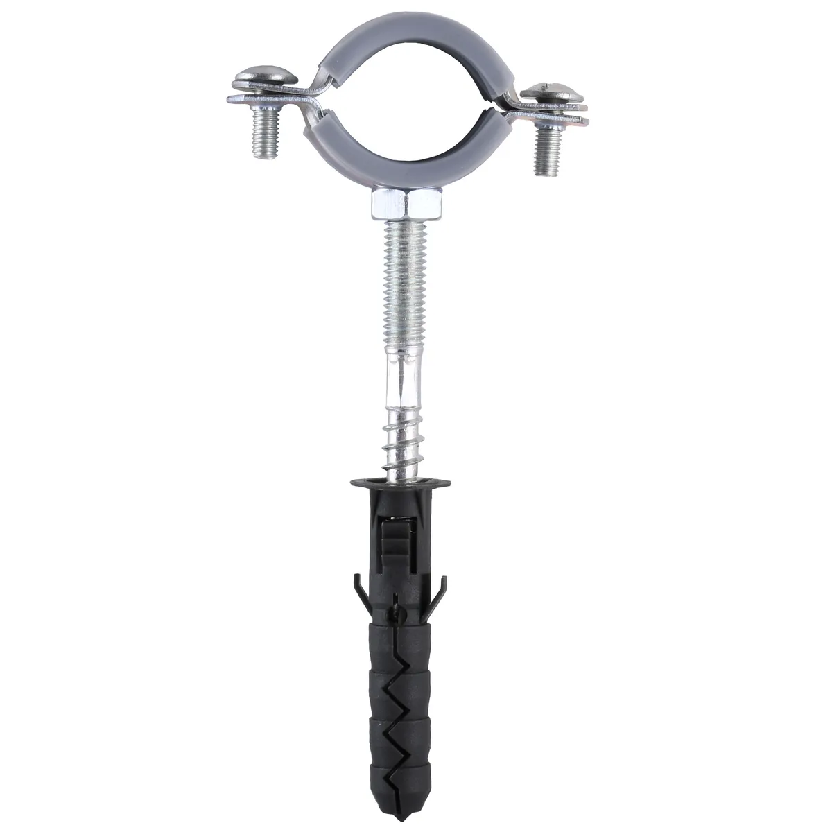 Хомут в зборі CR 3/4″ (25-30 мм) з гвинтом-шурупом 8×80 та дюбелем в уп., сірий