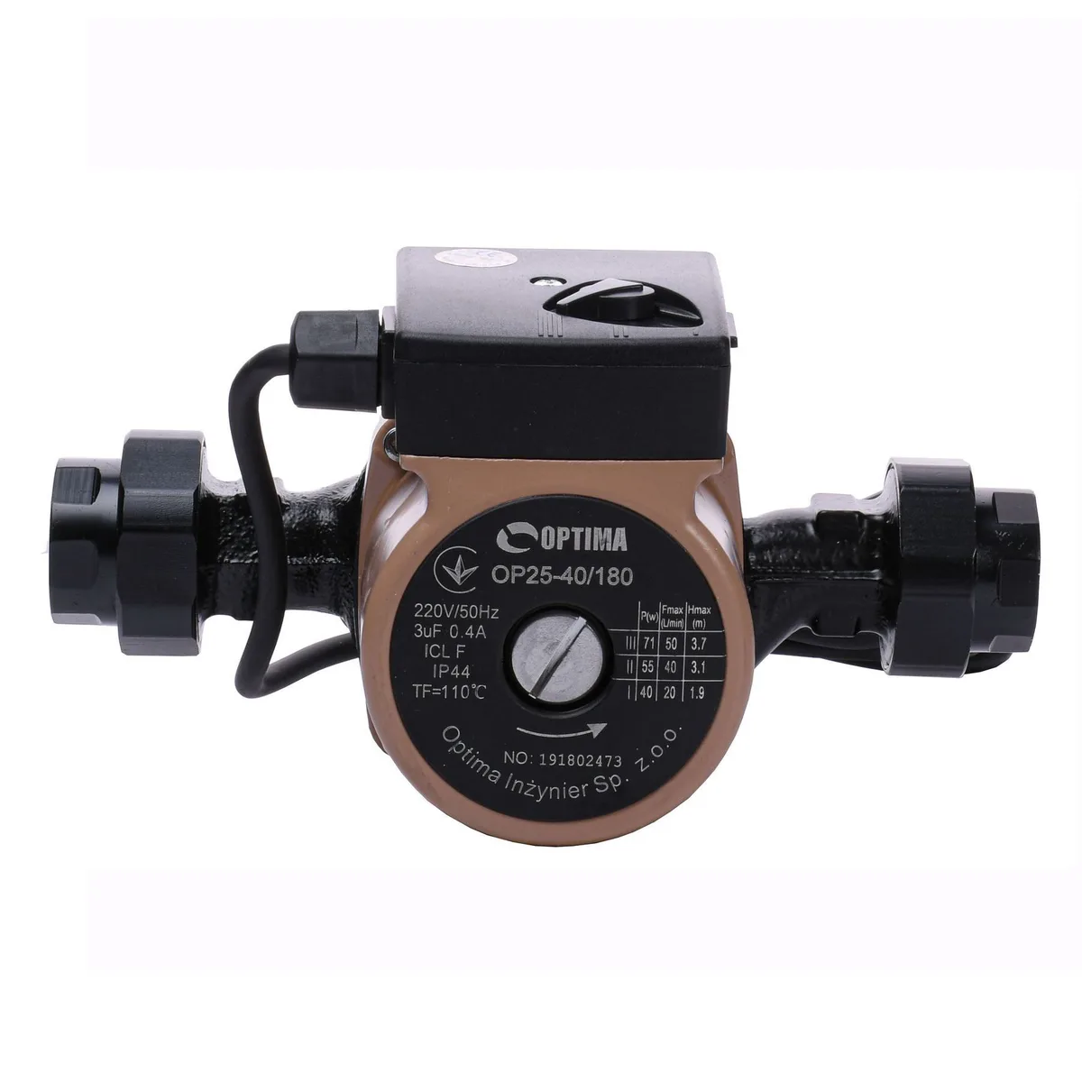 Насос циркуляційний OP25-40 180 мм + гайки + кабель з вилкою, Optima