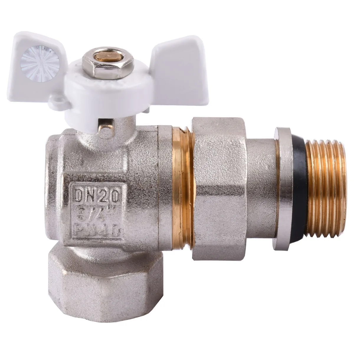 Кран кульовий кутовий з американкою Q PROFESSIONAL QP004 PN40 антипротікання, Білий метелик