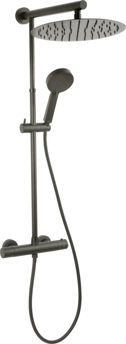 Система душ з термостат змішувачем Trevi Black лійка верх Slim лійка руч.3-F gun metal, 30 см, Ferro