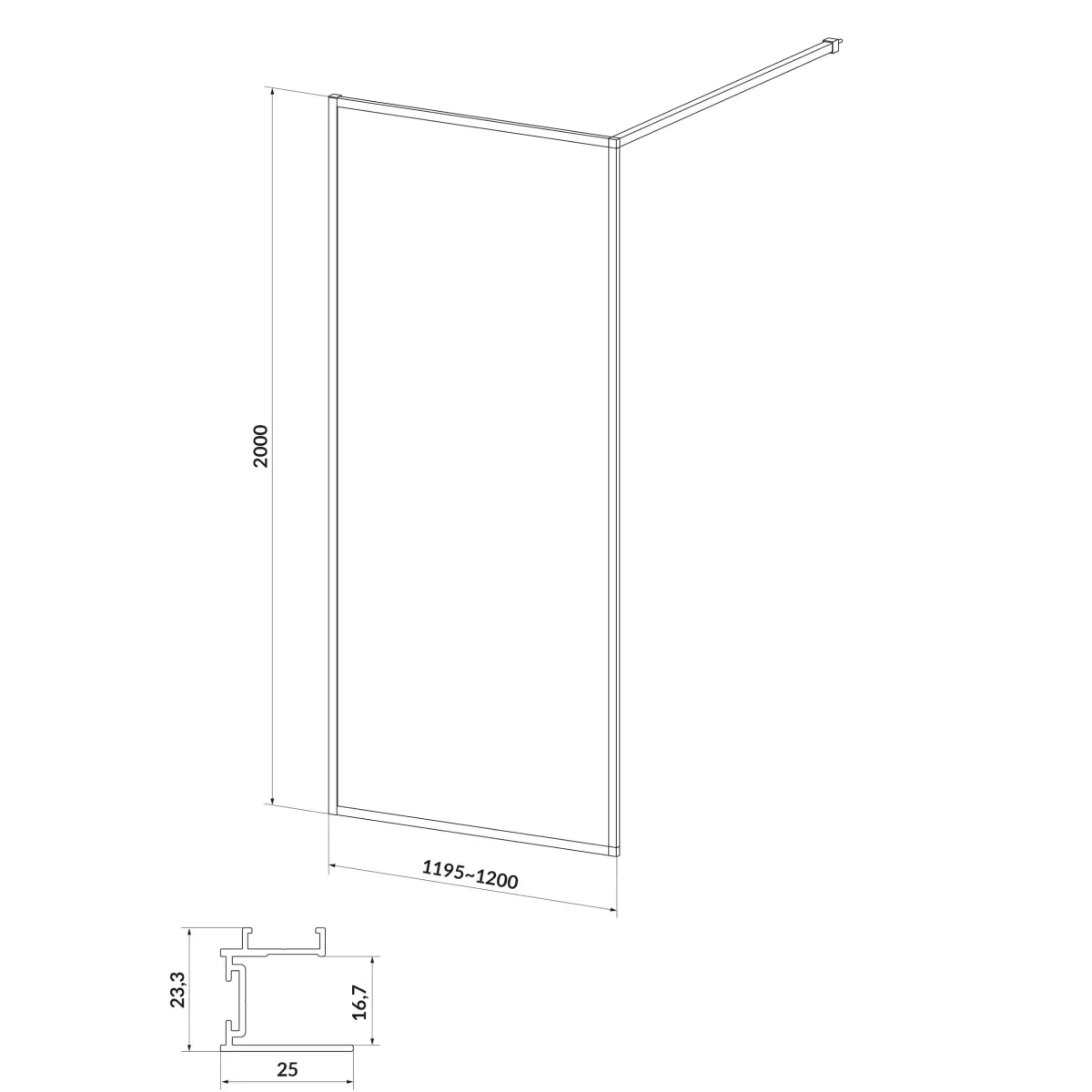 Кабіна душова Walk-in Larga профіль прозоре скло, 120×200, Чорний, Cersanit