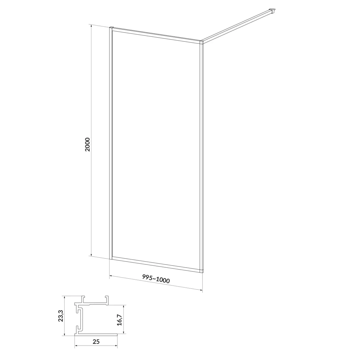 Кабіна душова типу Walk-in Larga профіль прозоре скло, 100×200, Хром, Cersanit