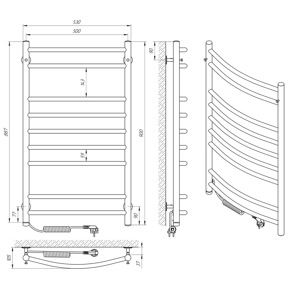 Рушникосушка Класік П9, електро S3, 500×900, Ліва, Laris