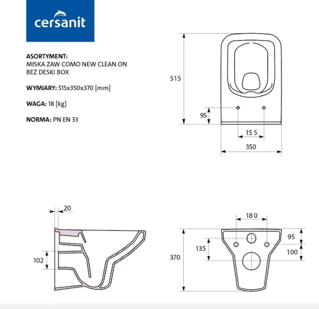 Сет 742 Como унітаз підвісний Clean On з сидіням Slim дюропласт, Cersanit