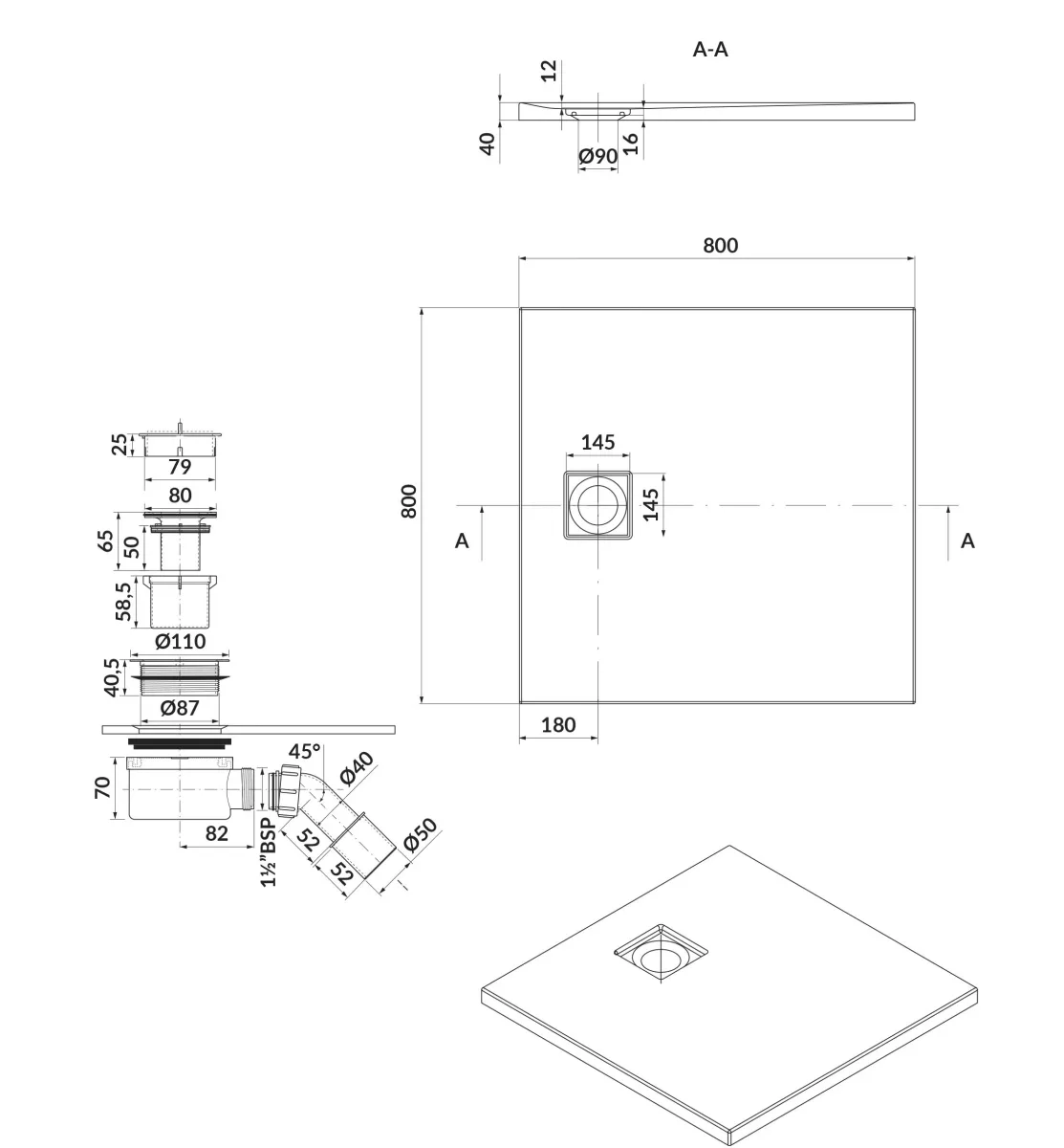 Сет B450 душовий піддон Tako Slim сифон, 80×4, Білий матовий, Cersanit