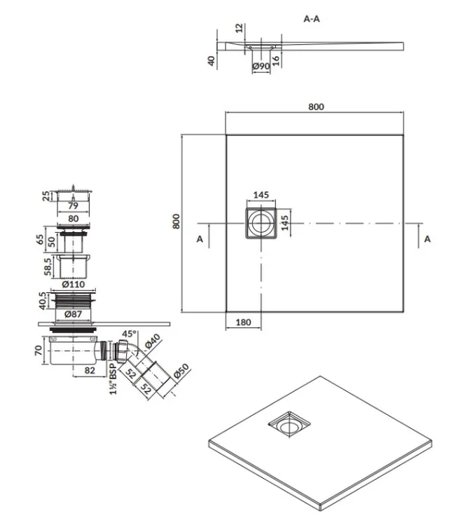 Сет B454 душовий піддон Tako Slim сифон, 80×4, Сірий матовий, Cersanit