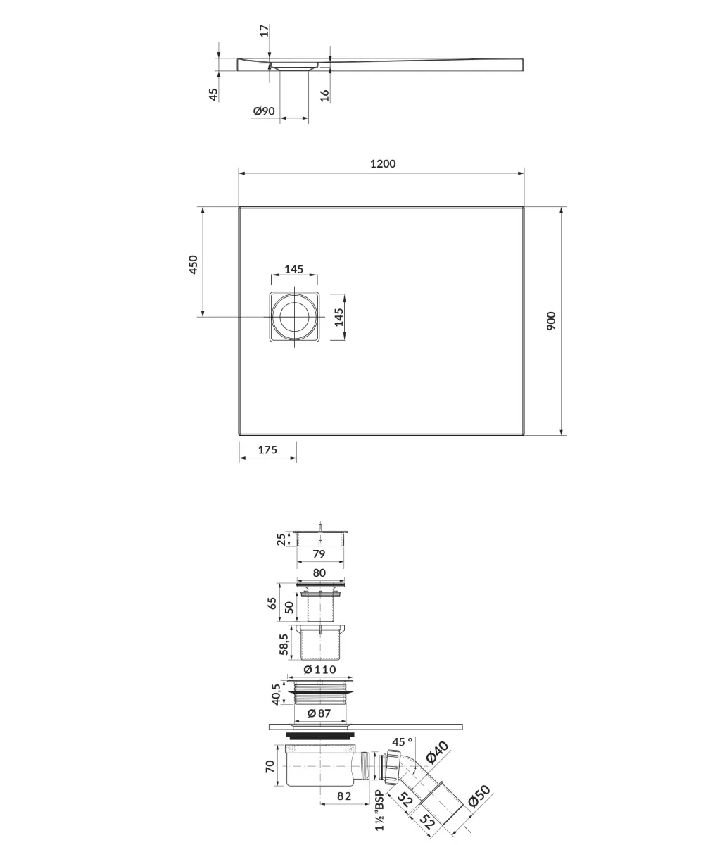 Сет C255 душовий піддон прямокутний Tako Slim сифон, 120×90×4,5, Чорний матовий, Cersanit