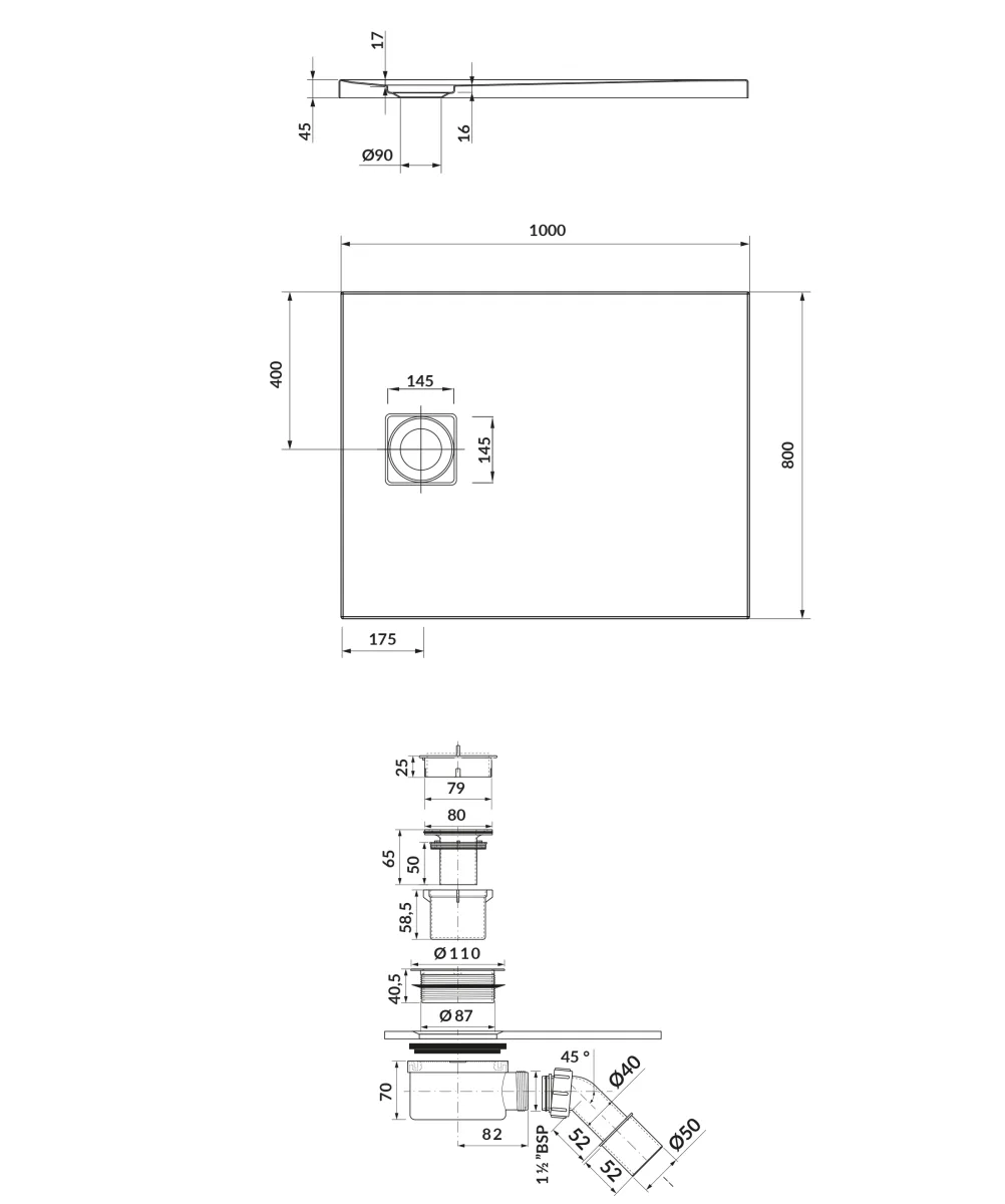 Сет C257 душовий піддон прямокутний Tako Slim сифон, 100×80×4,5, Білий матовий, Cersanit
