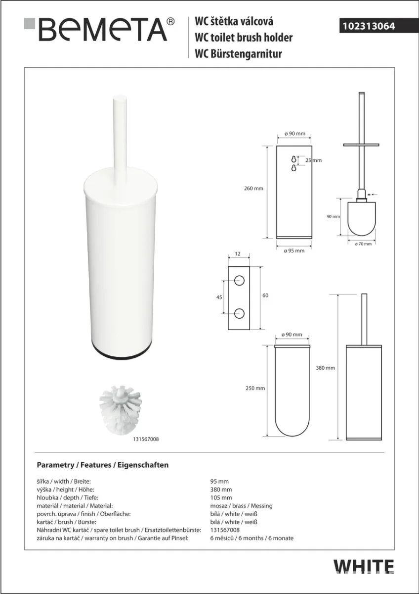 Йоржик туалетний з тримачем 102313064, White, Bemeta