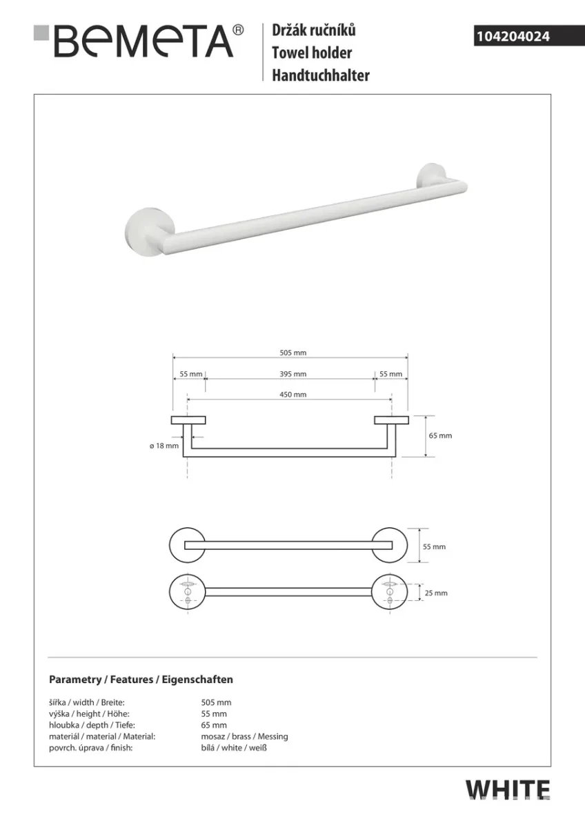 Тримач для рушників 104204024, White, Bemeta