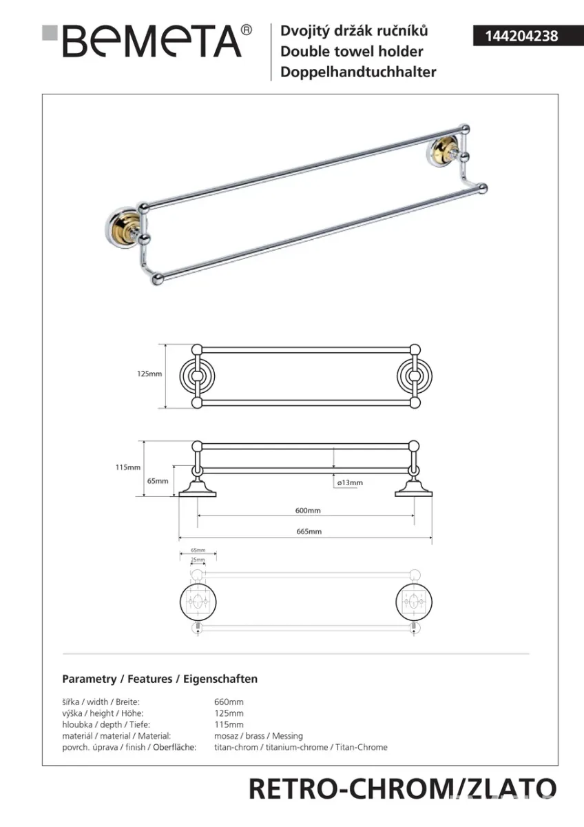 Тримач для рушників Retro 144204238, Золотий, Bemeta