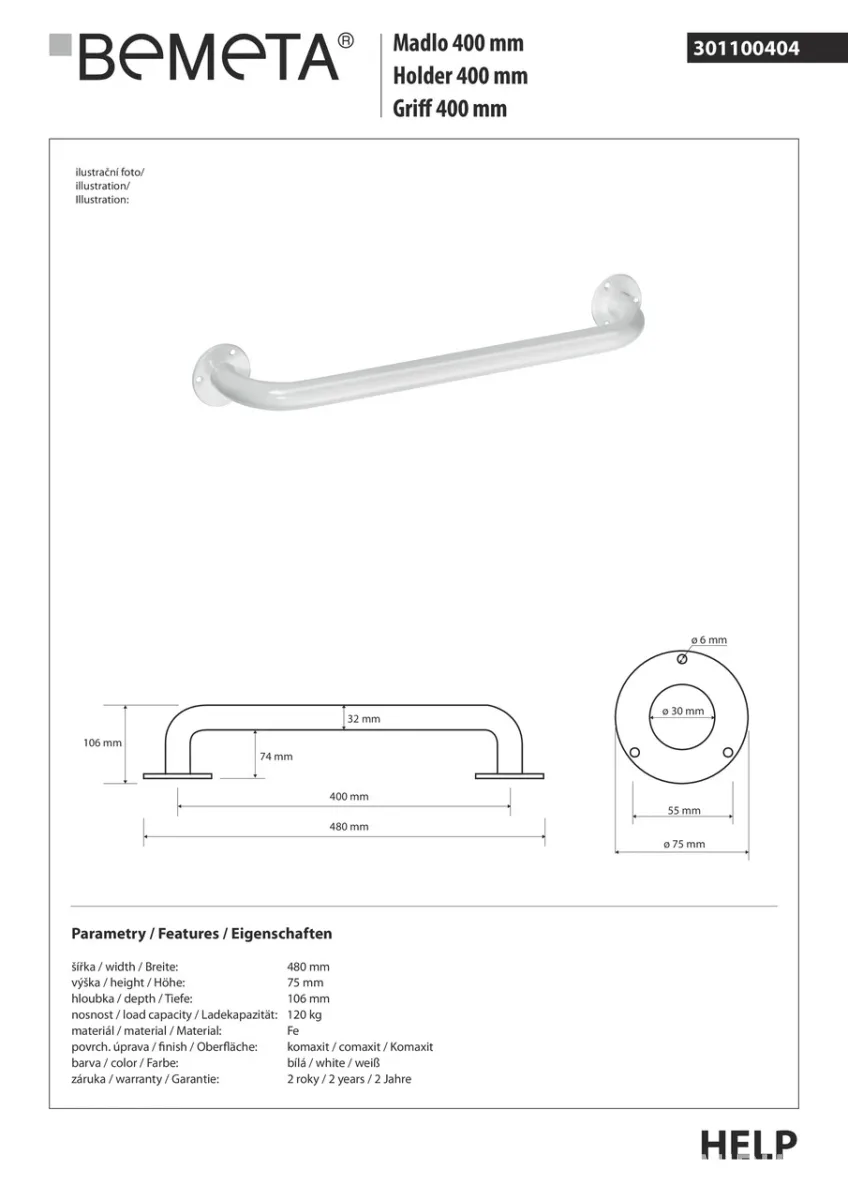 Поручень Help 301100404, 40 см, Білий, Bemeta