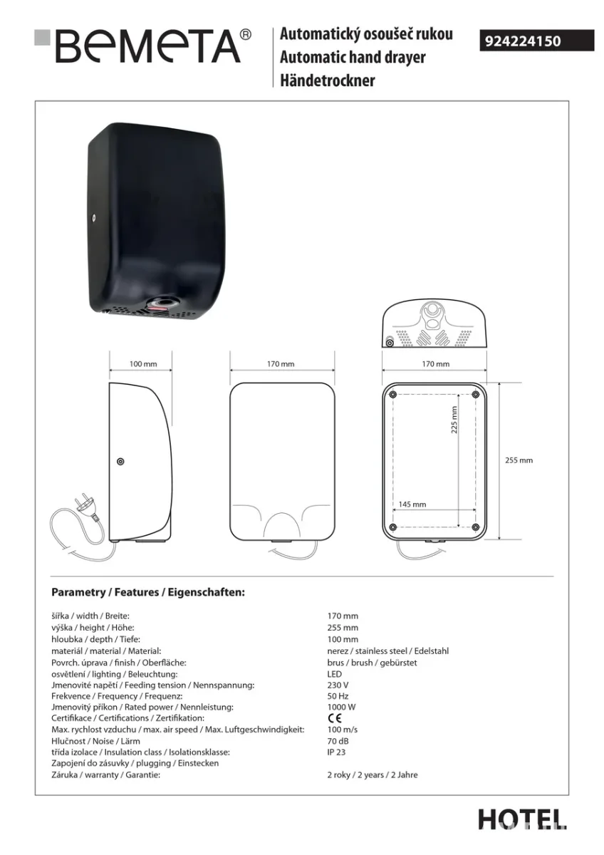 Сушка для рук автоматична 1000 W Hotel 924224150, Чорний, Bemeta
