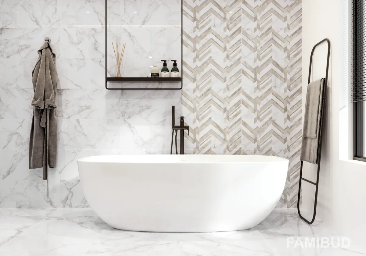 Плитка стінова Marmo Bianco шеврон, 300×600×9, Golden Tile