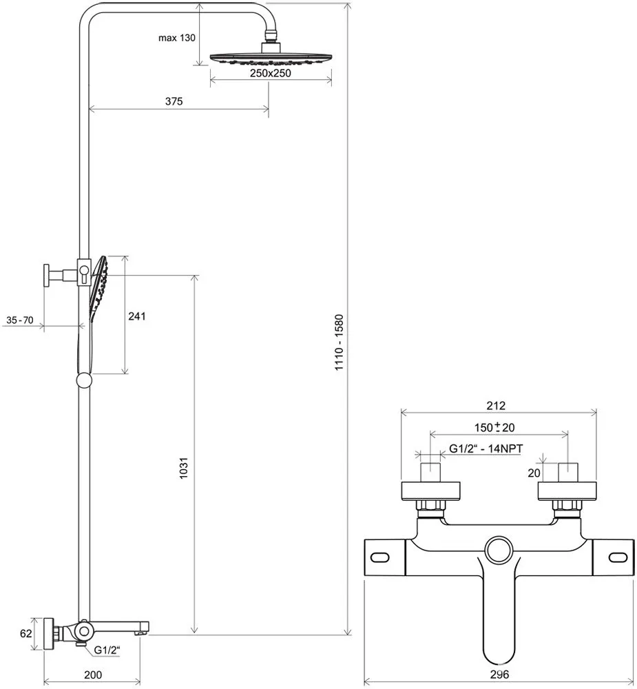 Душова система TE 092.01-150 Termo, Хром, Ravak
